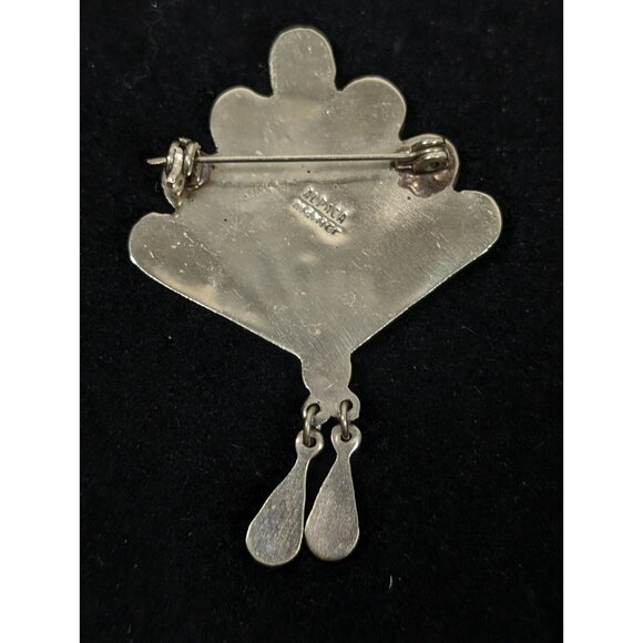 Vintage Alpaca Mexico Abalone Shell Onyx Inlay Fan Charm Brooch Pin Signed - Picture 5 of 9